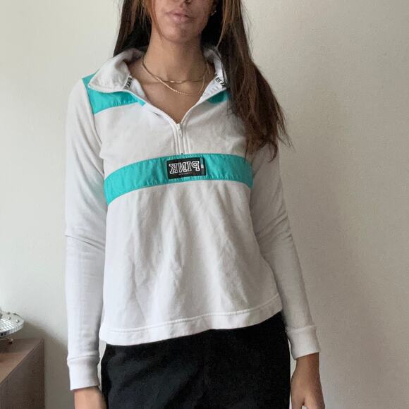 PINK Quarter Zip Pullover Sweatshirt Athletic Long Sleeve Top White Teal xS - Picture 3 of 10